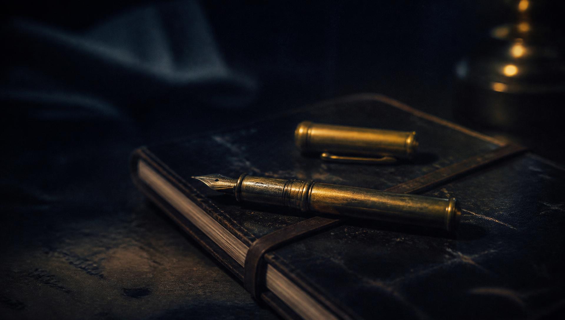 A brass fountain pen resting on a leather notebook in warm lamplight